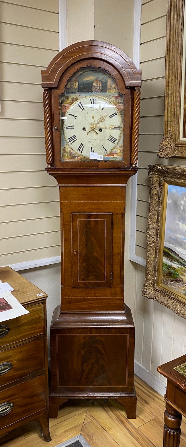 An early 19th century mahogany eight day longcase clock, with painted dial, height 210cm